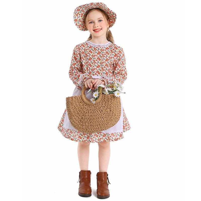 Kinder Mädchen Drama Pastorale Bauernhof Blumen Blumig Dienstmädchenkleid Weißes Schürzenhut-Set Halloween Cosplay Kostüme Rollenspiel Outfit