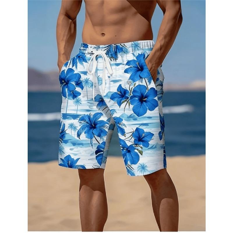 Men's Beach Shorts/Swim Trunks with a Retro Hawaiian Floral 3D Print, Perfect for Summer Outdoor Vacations and Casual Wear.