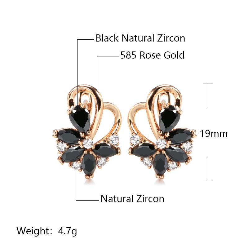 Black Zircon Flower Earrings: Korean 585 Rose Gold Ear Clips, Trendy Cold Style for Women