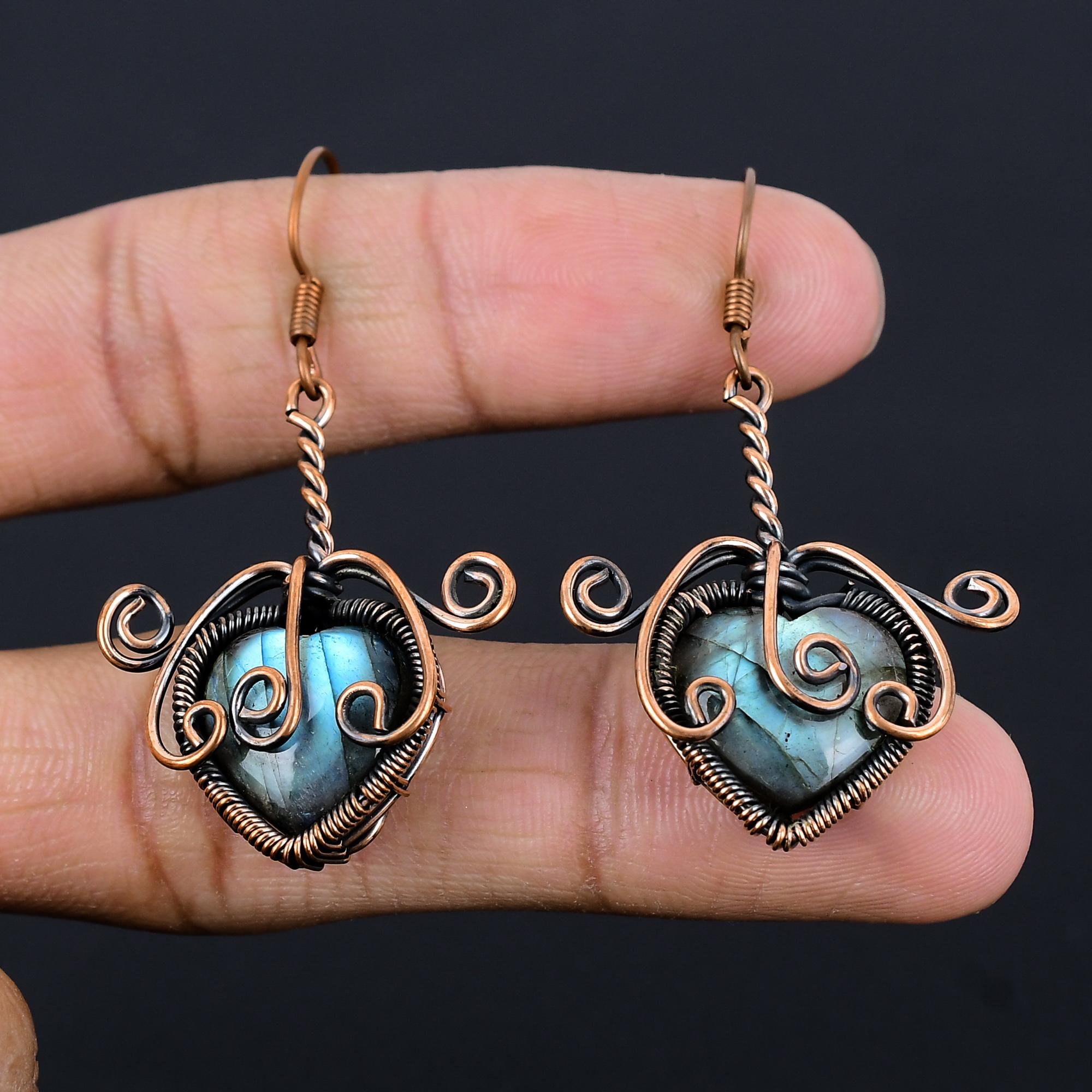 

Серьги из лабрадорита, обернутые медной проволокой 999 пробы, Ювелирные изделия с драгоценными камнями ручной работы, Подарки для жены, Совершенно новые серьги 2.55 Inches