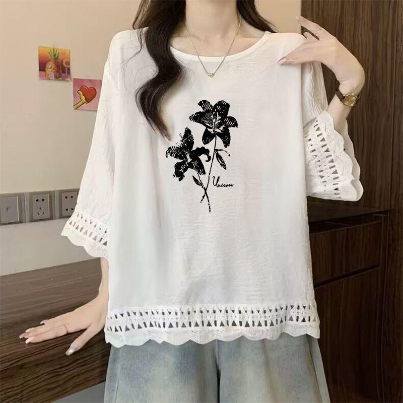 

Вулична повсякденна універсальна футболка з квітковим та рослинним принтом для літа. Вільний та універсальний елегантний топ. Популярний жіночий. L білий