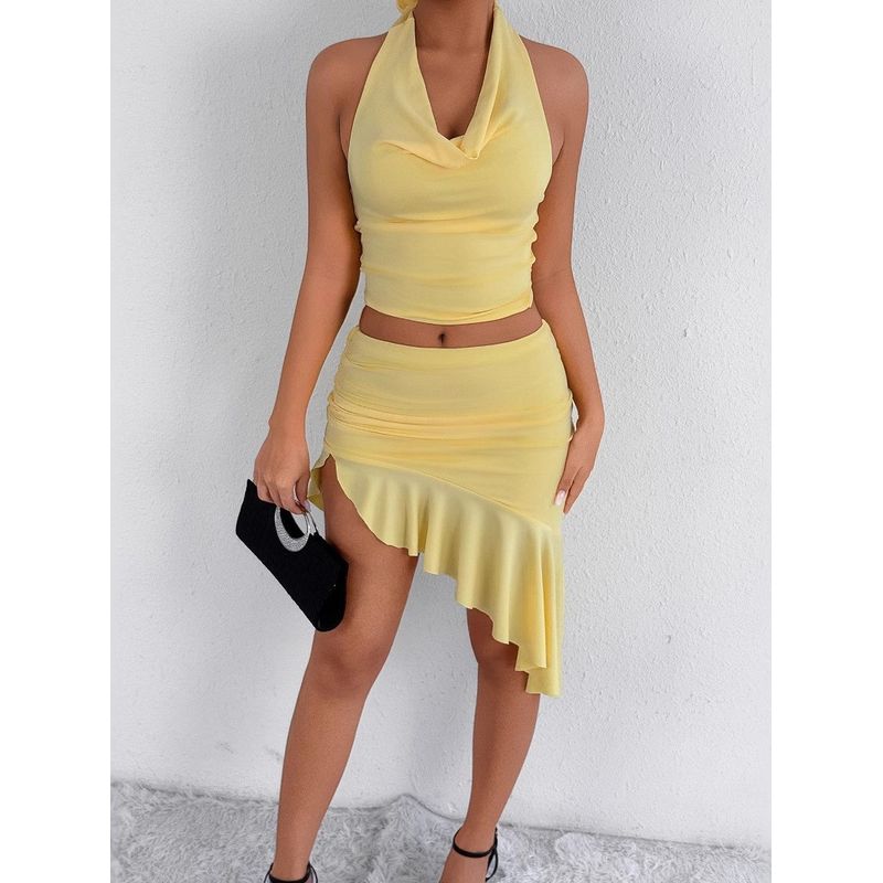Outfitgirl Bright Yellow Halterneck Vest Asymmetrical Skirt Suit Women's Fashion Style Sexy Street Shot Wear