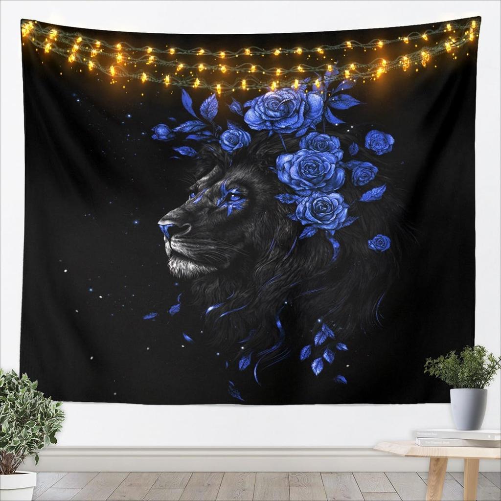 Red Rose And Lion Tapestry For Kids Boys Girls Large Black Lion Wall Art 3D Wild Animal Pattern Wall Hanging Blanket Romantic
