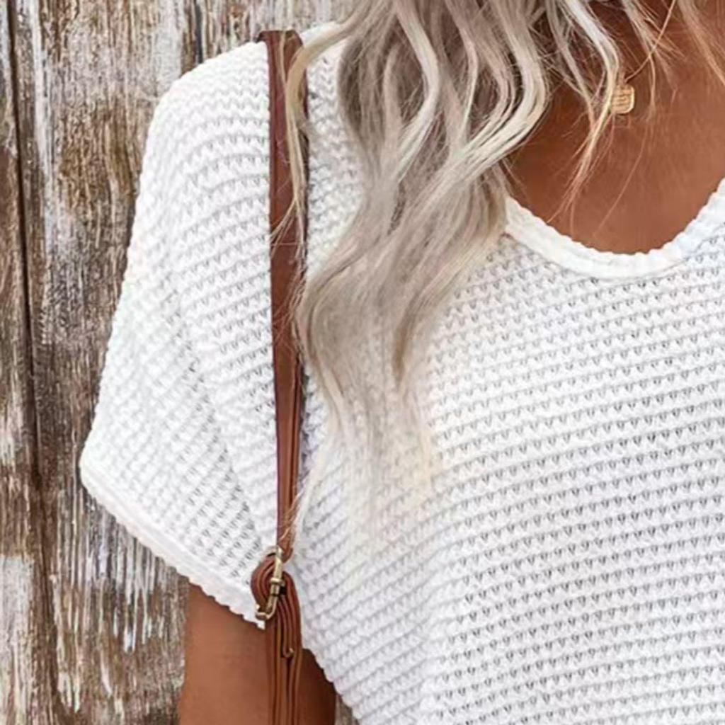 2025 European & American V-neck Short Sleeve Hollow White Casual Women's T-shirt