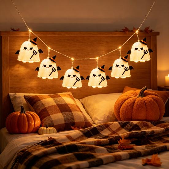 Creative Halloween Decorative Layout Ghost String Lights, Fabric Witch Hat Devil LED Hanging Lightweight Easy Hang Holiday Ornament Decor for