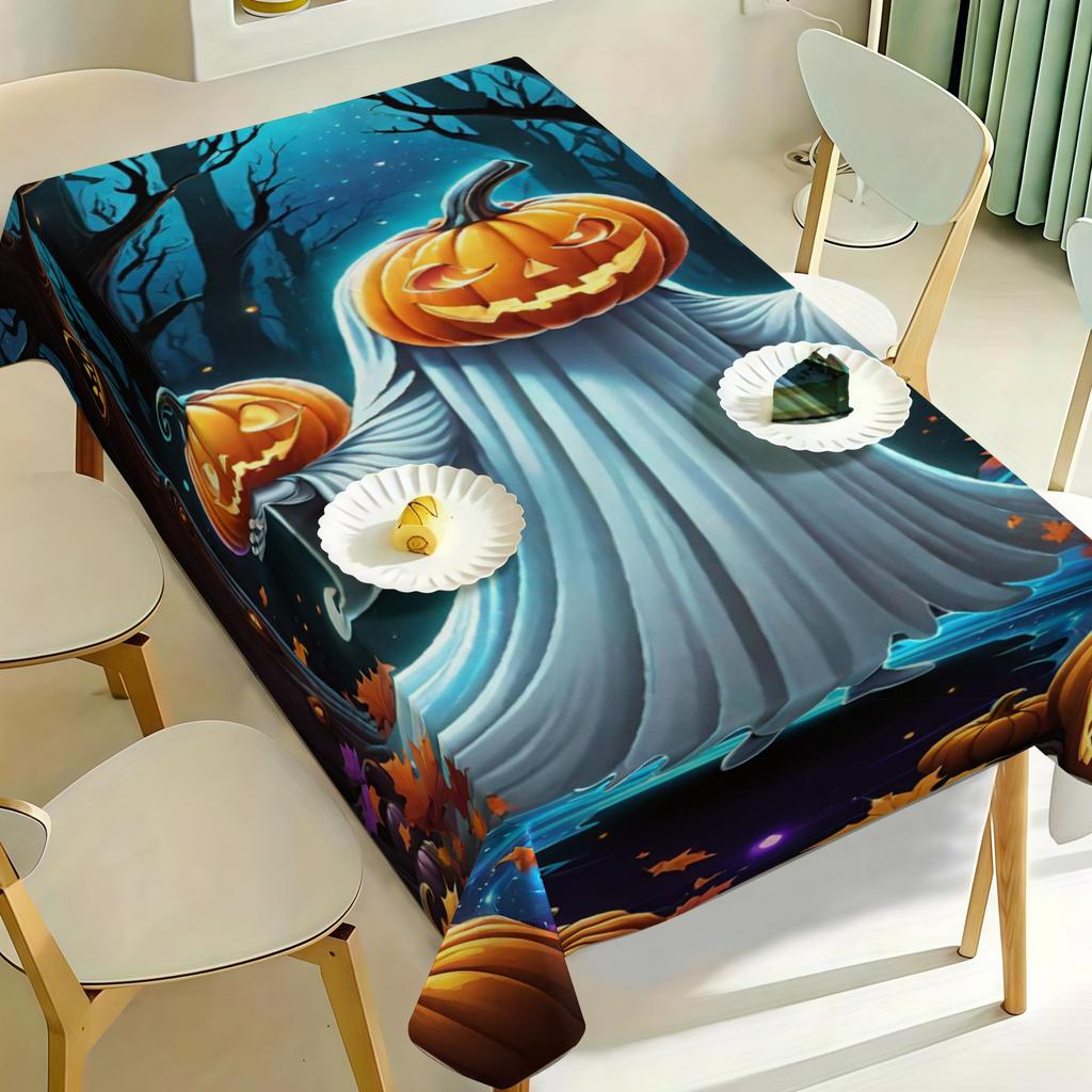 1pc Tablecloth Fun And Quirky Halloween Theme Printed Tablecloth Polyester Fiber Autumn Pumpkin Ghost Forest Moonlit Night Pattern Decorative Cloth Ho
