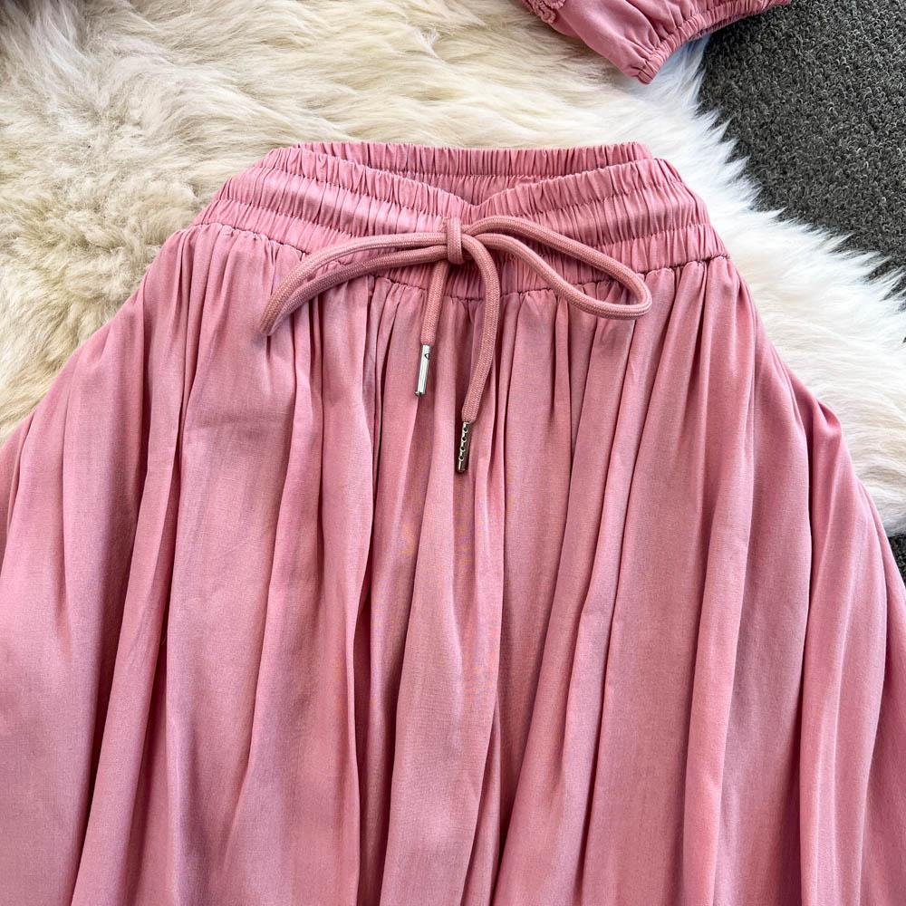 Lace Panel Long Sve Irt And High Waist Flared Skirt Set Women's Faion Ensemble Hollow Out Design Slimming Women Suit 2 Pieces Set