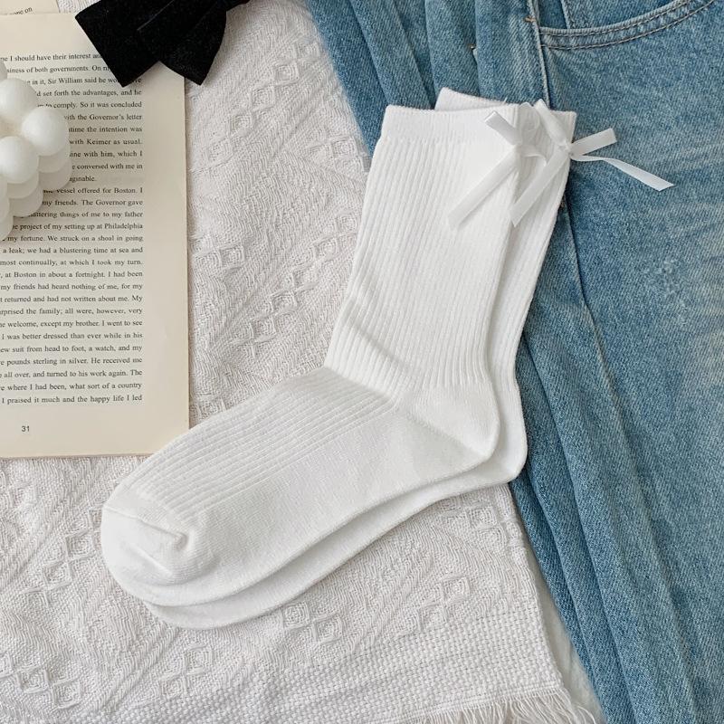 Female Spring and Summer Pure Color Bow All Build In The Tube Pile Pile Cotton Socks