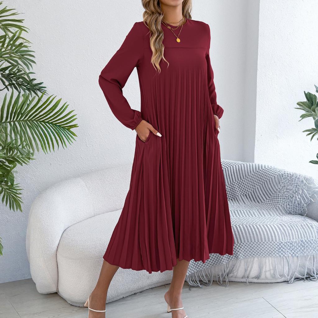 Women's Casual Color Long,sleeved Pleated Dress With Pockets