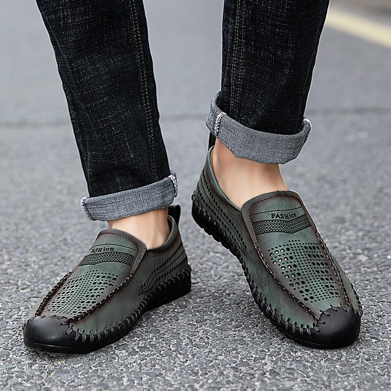 Men Loafers Brown Hiking Shoes Slip On Handmade Driving Shoes Casual Leather Wide Outdoor Summer Shoes for Father Plus Size