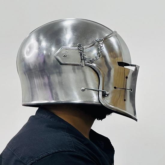 Barbute Visor Helmet ~ Medieval Steel Helmet With Inner Linner And Wooden Stand