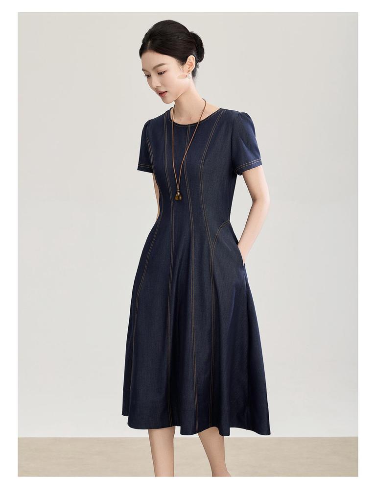Nanyou Tencel Cotton Retro Waist-Cinched Denim Dress - Breathable, Slimming, Short-Sleeved for Spring/Summer