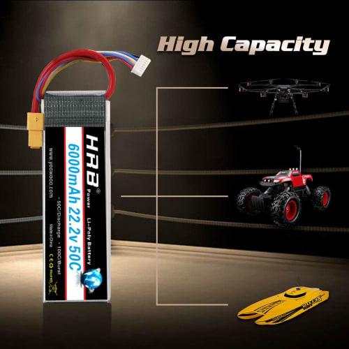 HRB 22.2V LiPo Battery, 6000mAh, 6S 6000mAh, 6-Cell XT90 50C-100C, for RC Airplanes, Helicopters, and Multicopters