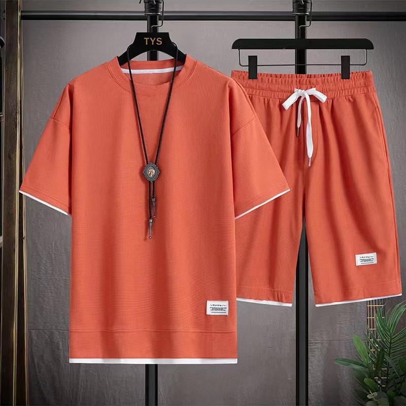 2024 Men's Sporty Summer Waffle Set: Korean Style Short Sleeve T-shirt & Shorts