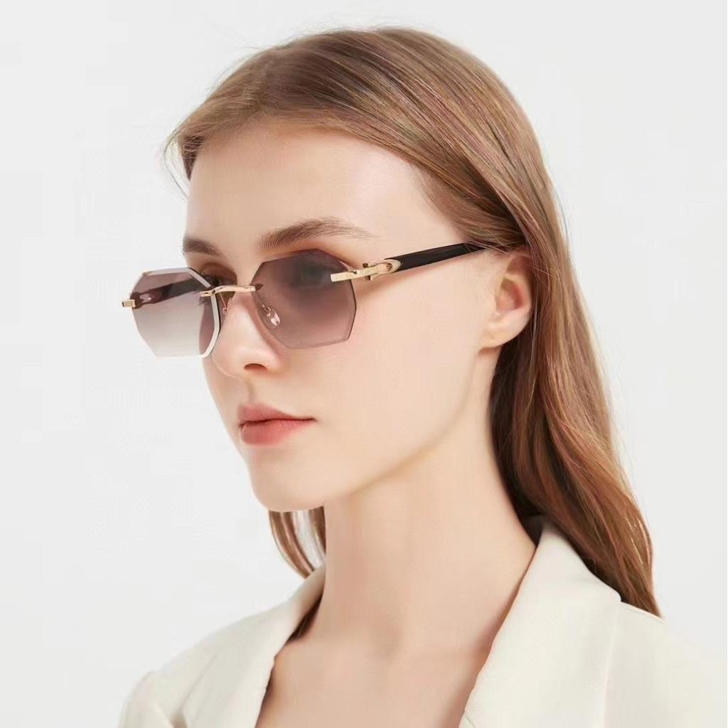 Fashionable 2Pcs/set Women Men Square Sunglasses Frameless Rectangular Sunglasses Gradient Sun Glasses Polygon Sunglasses