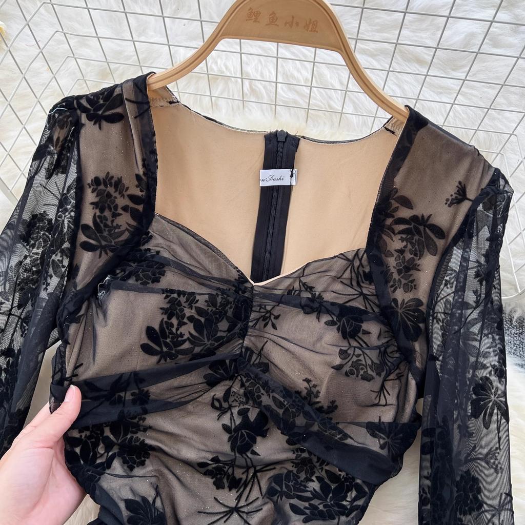 Summer Elegant Embroidery Flower Mermaid Evening Party Dress Women Long Flare Sleeve Cup Padded V Neck One Piece Mesh Folds Prom Robe