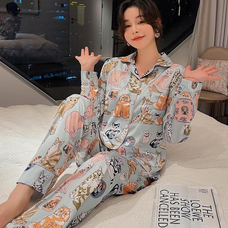 Pajamas Women's New Spring and Summer Cute Cat Ice Silk Long-sleeved Suit Silk Loungewear Suit