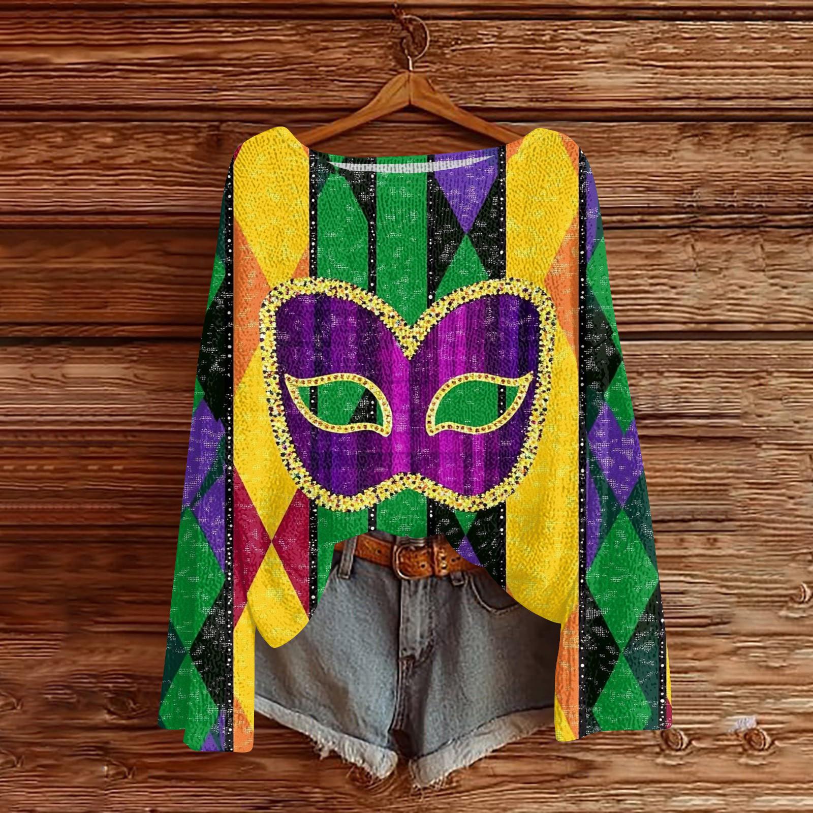 

Женский повседневный модный топ с круглым вырезом, с карнавальным принтом, с длинным рукавом, вязаный пуловер XL