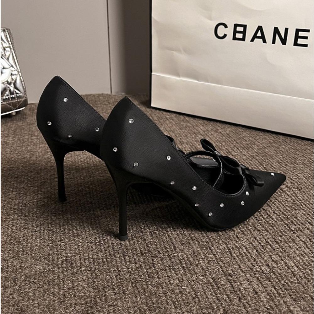 Fashion High Heeled for Women's 2025 Spring and Summer New High-end Polka Dot French Bow Square Head Black Rhinestone Single Shoe Women