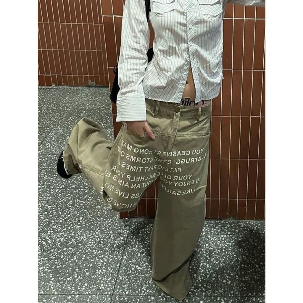 VibeStreet American Large Size Letter Print Jeans Women's Vintage Loose Lazy Style Floor-Length Pants Straight Leg Jeans