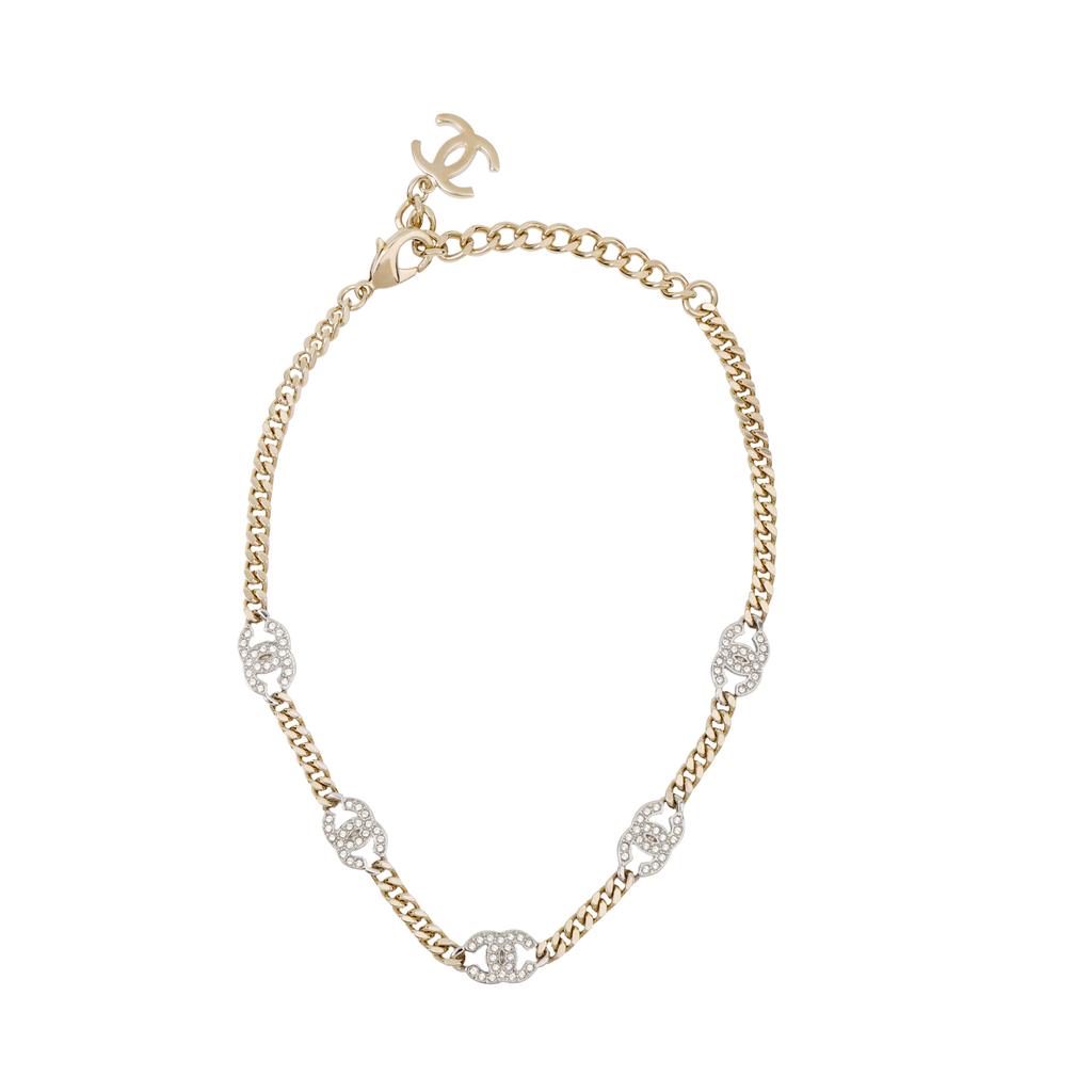 Chanel Classic Double C Logo Metal Rhinestone Choker Necklace Women Necklace Gold AB6444-B06011-NC835