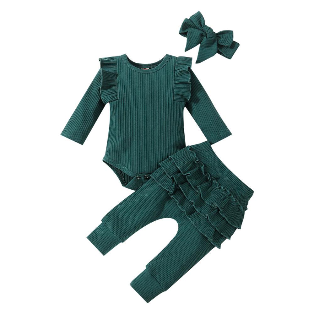 Autumn 2023 Baby Girl Ribbed Ruffle Bodysuit & Pants Set with Bow