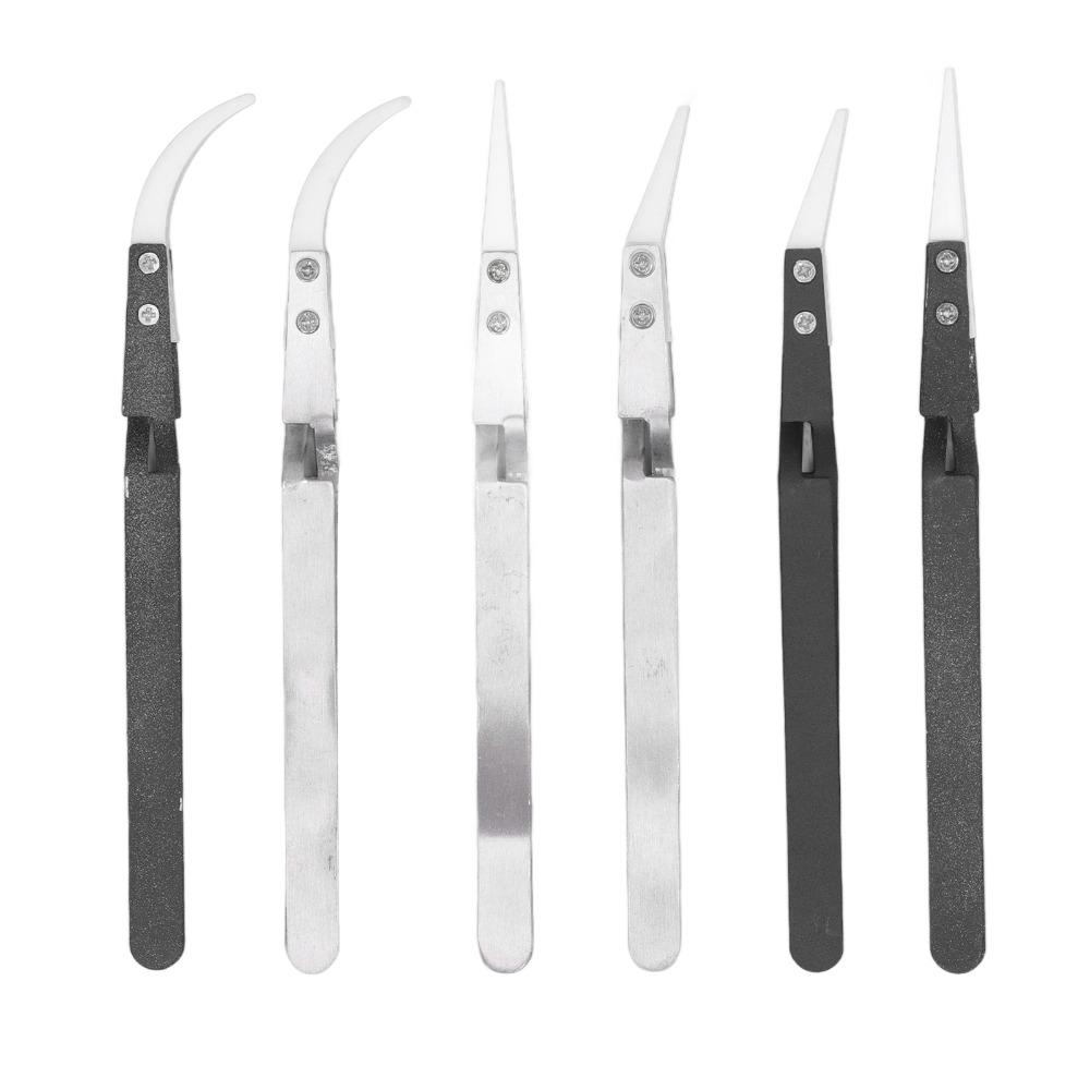 6 PCS Non-Conductive Ceramic Tweezers Anti-Magnetic Pointed & Curved Tips Reverse Solder Tweezers Cross Lock Stainless Steel