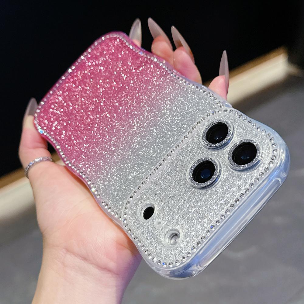 KEYSION Gradient Glitter Jewelled Phone Case for iPhone 16 17 Pro Max Air 16 Plus Wavy Border Lens Protector Shockproof Cover