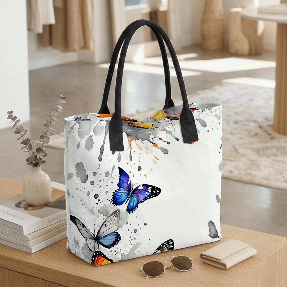 Watercolor Butterfly Print Tote Bag Large Capacity Casual Shoulder Bag for Daily Use