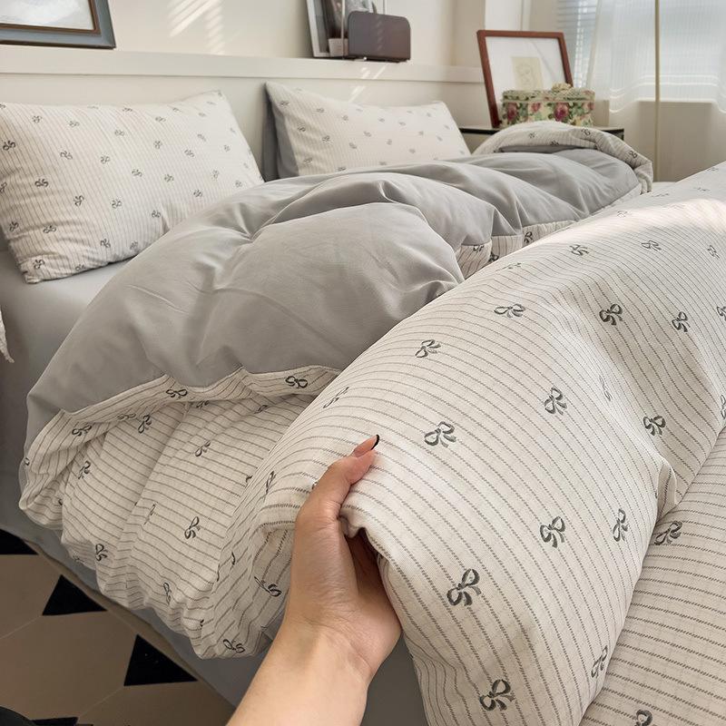 Class A Maternal And Infant Grade Knitted Cotton Double-Layer Yarn Four-Piece Set Simple Floral Bed Sheet Quilt Cover Dormitory 3Pcs Set Factory