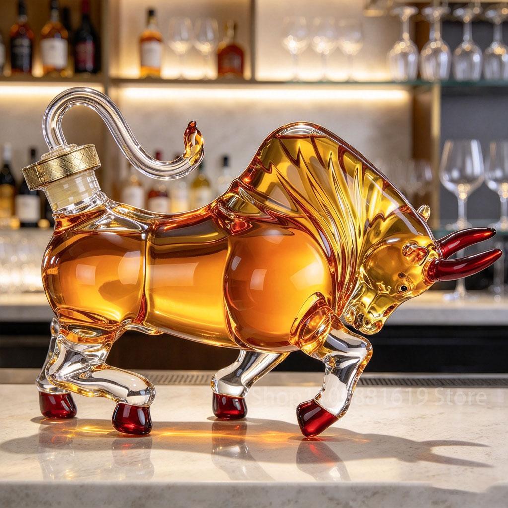 Bull Shaped Glass Decanter, Lead-Free Hand-Blown Whiskey Liquor Bottle, Bull Market Fortune Wine Decanter, Unique Home Bar Decor