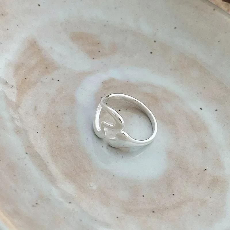 Real 925 Silver Hollow Heart Opening Adjustable Rings for Women Cute Fine Jewelry Minimalist Asymmetric Accessories