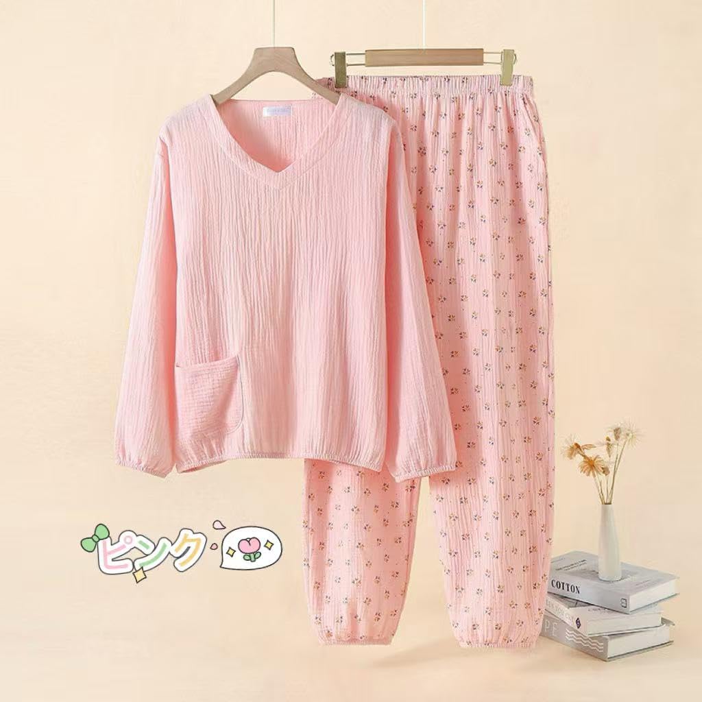 Marshmallow Double Comfortable Loungewear Salmon Women's Spring/Summer Pajamas, 100% Cotton, Gauze, V-Neck, Moisture-Wicking, Quick-Drying, Sleepwear,