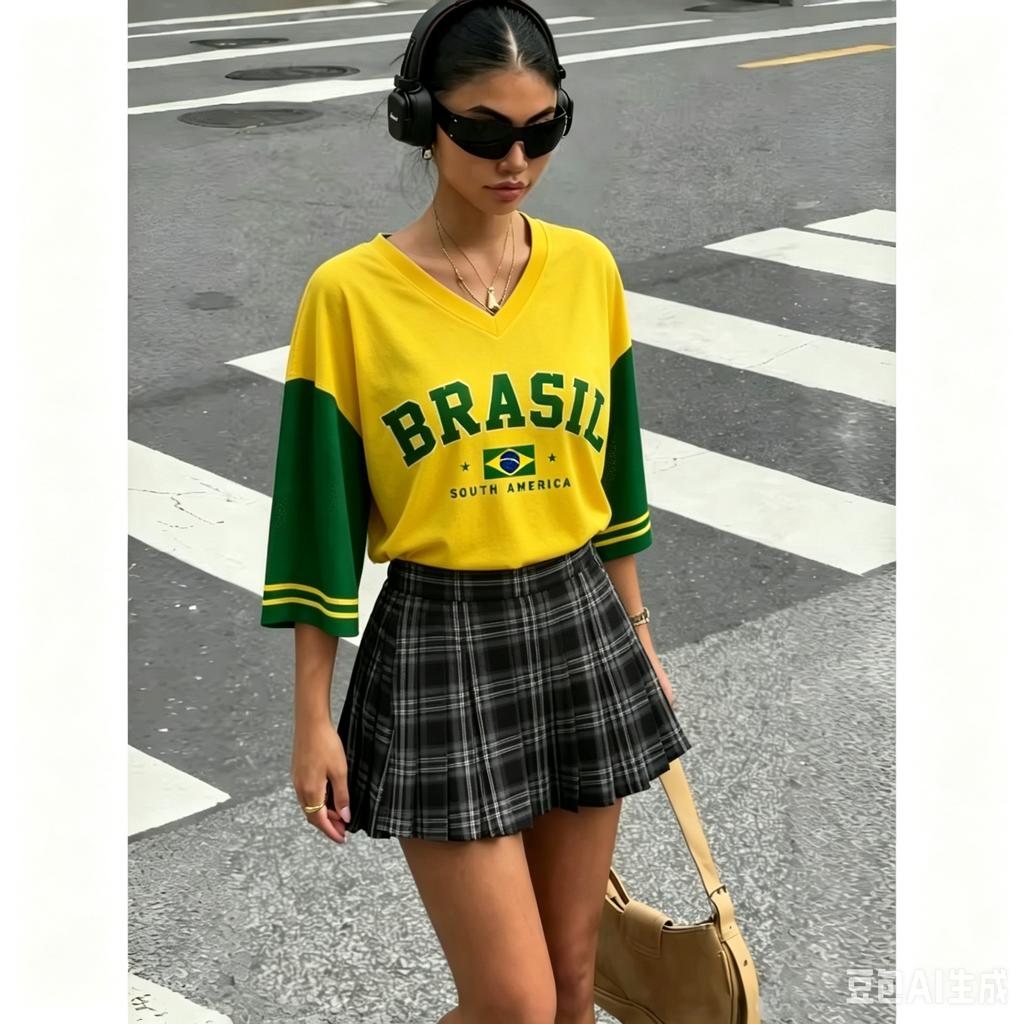 Summer for Women Brazil Letter Aesthetic V-neck Casual Short Sleeve Tee Kpop Streetwear Vintage Y2k Retro Baseball Chic Clothes