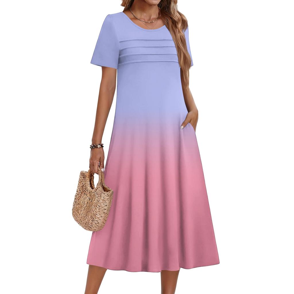 Ladies' Gradient Printed Casual And Fashionable Short Sleeved Round Neck Dress