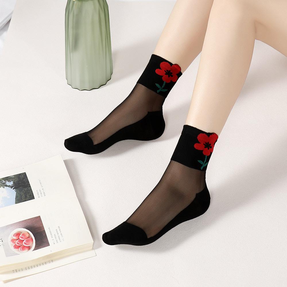 Четырехсезонные Трехмерные Цветы Милые Хлопковые Шелковые Носки Дышащие Кружевные Цветочные Носки Прозрачные Кристаллические Шелковые Носки 1 pair чёрный