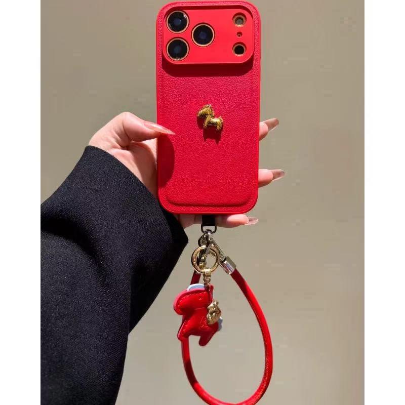 Lunar New Year Lychee Pattern Gold Horse Phone Case for iPhone 17 Pro Max, 16, 15 Pro with Lanyard