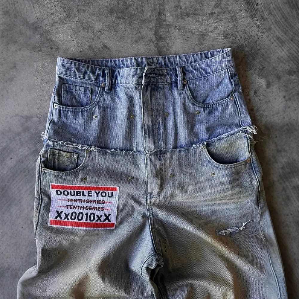 DRIPX Street Hip Hop Letter-print Jeans Men Y2k Goth Punk Harajuku Ripped Wide Leg Pants Retro Loose Straight Leg Double Waisted Pants