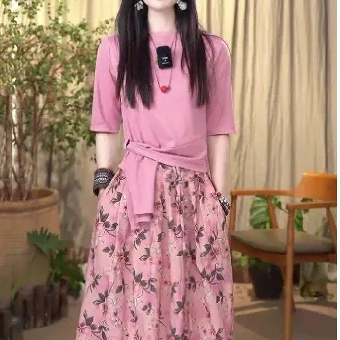 Chic Irregular Short Sleeve Top & Floral High Waist Midi Skirt Set
