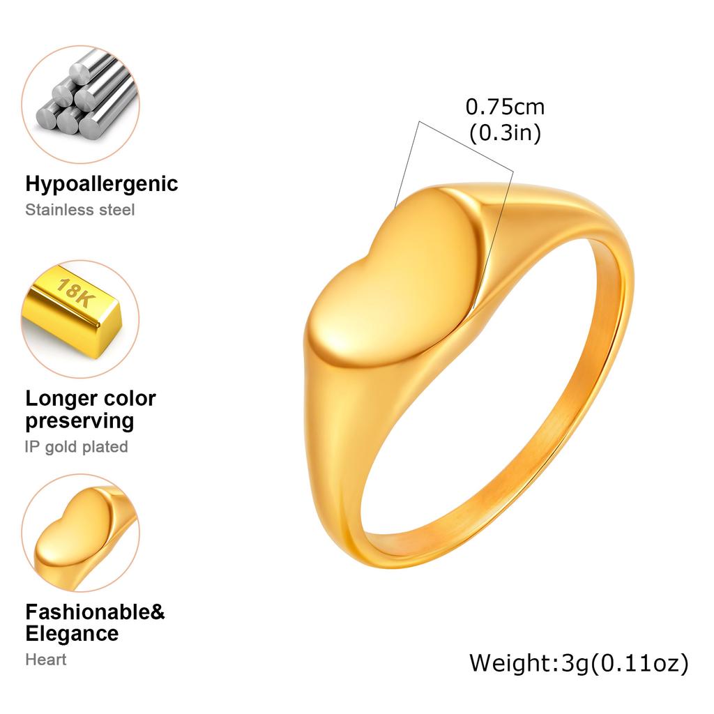 Chunky Matte/Gloss Heart-shaped Seal Ring for Women,Gold Color Stainless Steel Stamp Rings,Minimalist Jewelry Gifts