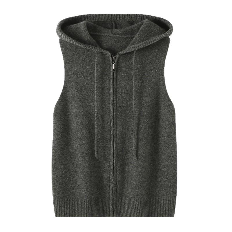 2026 Autumn Soft Pure Wool Hooded Knit Vest - Casual, Skin-Friendly, Loose Zipper Top