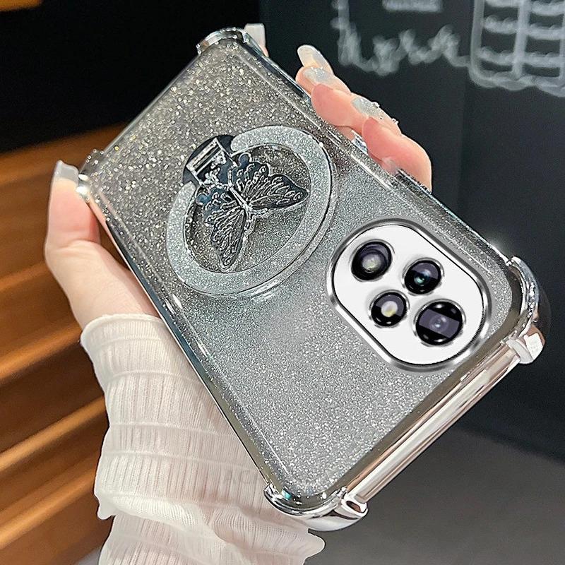 Honor200 Glitter Butterfly Holder Plating Silicone Case For Huawei Honor 200 300 100 90 70 50 Pro Shockproof Cover Honor200pro