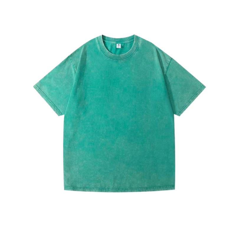Unisex gewaschenes, distressed Rundhals-T-Shirt - 220g gekämmte Baumwolle, Retro lockere Passform, überschnittene Schultern, Sommer-Freizeit-Top
