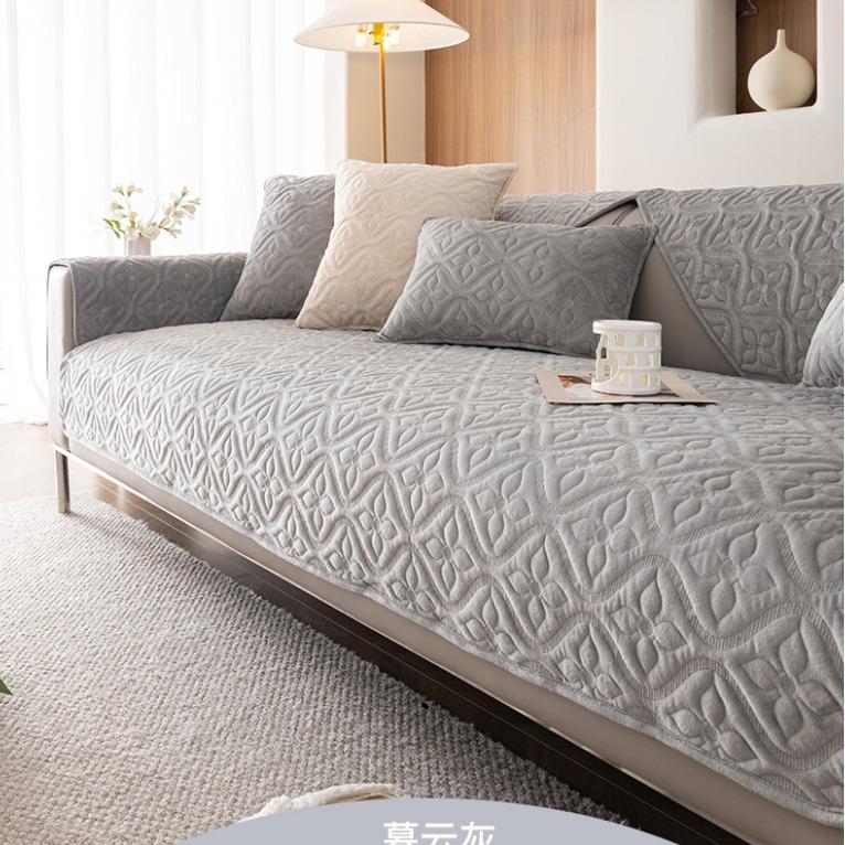 Winter Milk Velvet Sofa Cushion Solid Color Jacquard Sofa Cover Non-Slip Thickening Straight Row Sofa Cushion Cream Style Mat