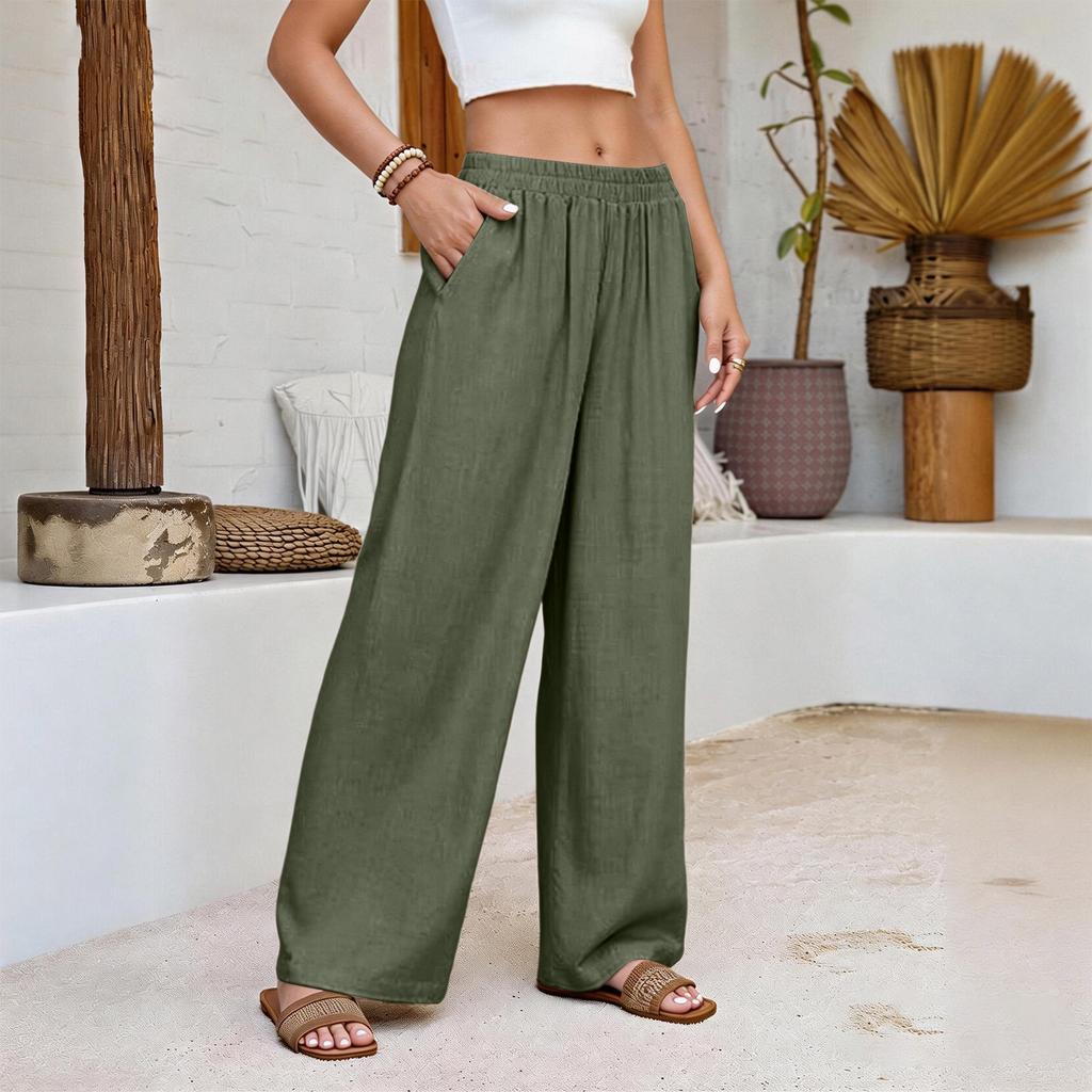 Damen Baumwolle Leinen Bequem Farbe Locker Elastischer Bund Lässig Weites Bein Hose