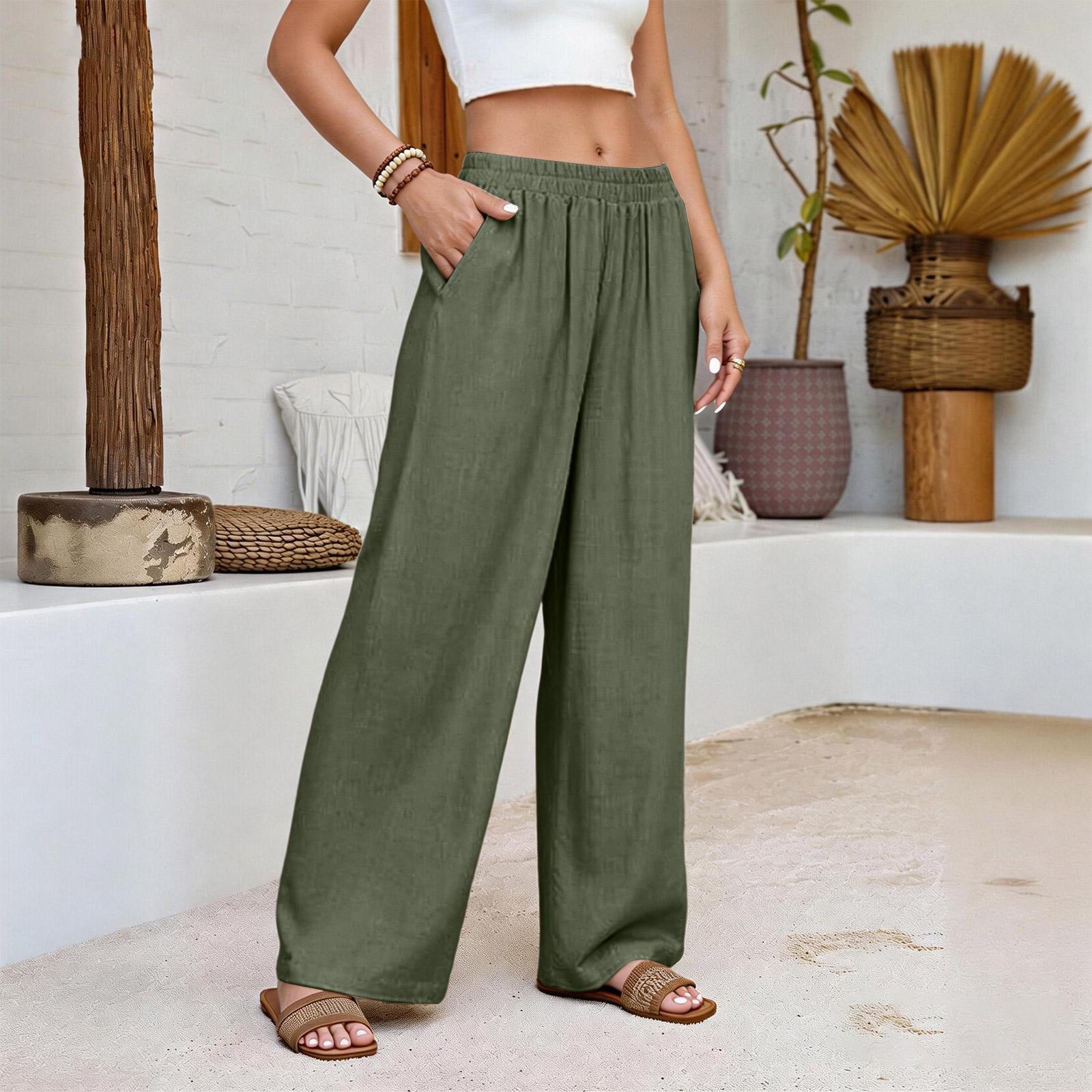 

Women s Cotton Linen Comfortable Color Loose Elastic Waist Casual Wide Leg Trousers L армия зеленый