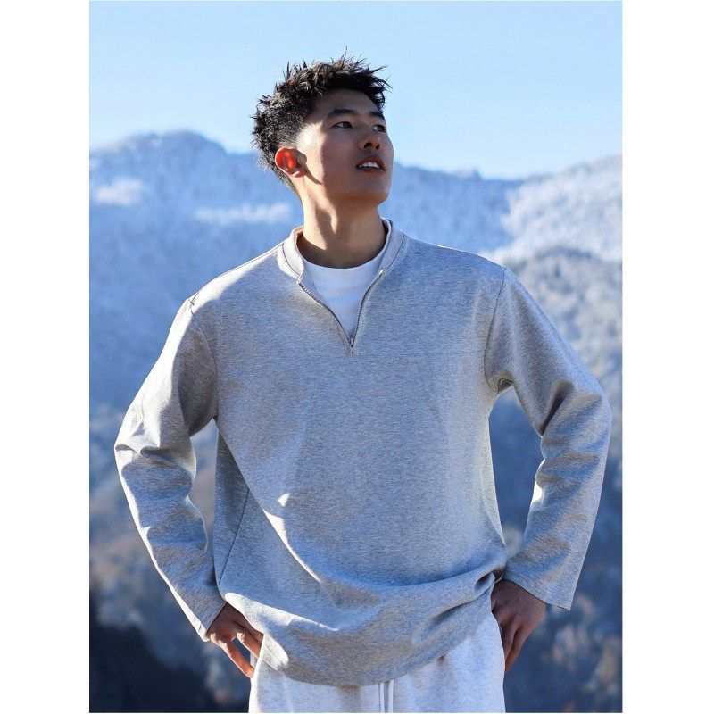 No Logo Official Spring and Autumn Sports Two-In-One Half-Zip Long Sleeve T-Shirt Solid Color Sweatshirt Jacket for Men Grey M