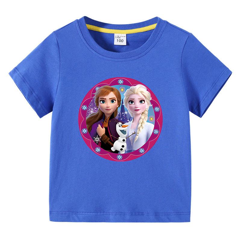 2026 Children's T-shirt Cute Disney Elsa Princess Cartoon Print Pure Cotton Breathable Round Neck Short Sleeve