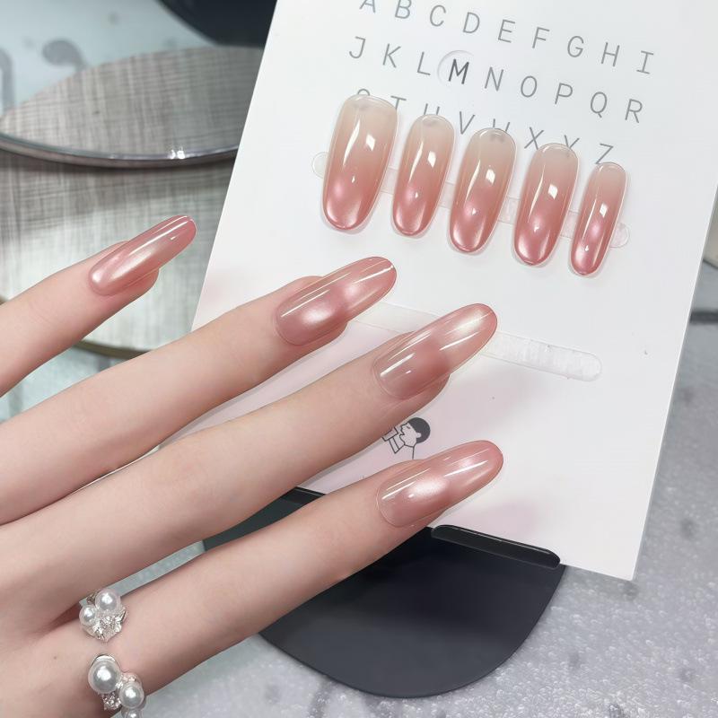 Girl's Nude Pink Glitter Gradient Beads Cat Eye Press-On Nails - Skin Brightening, Detachable