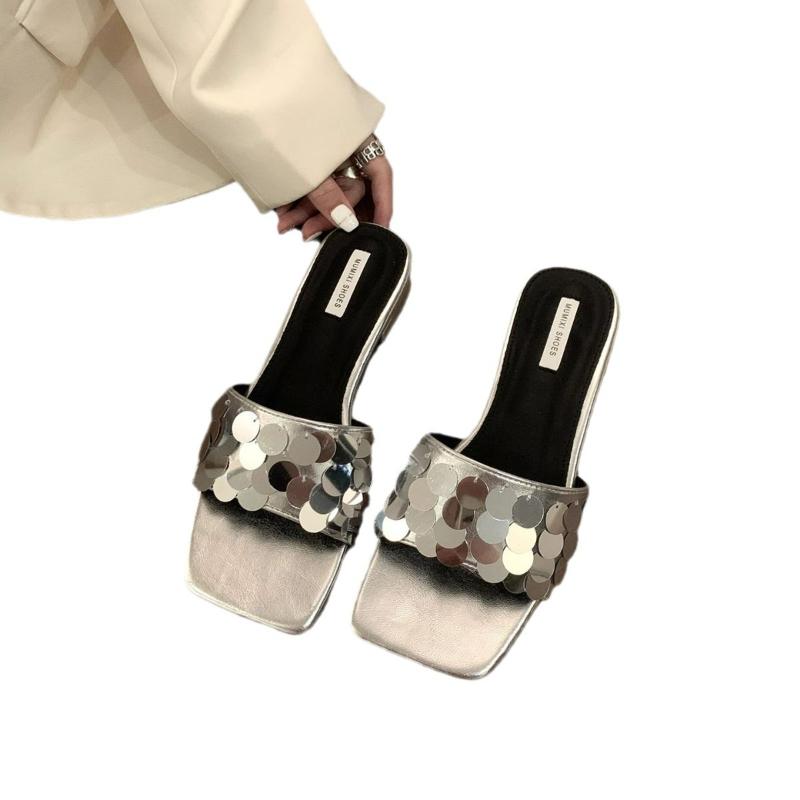 Fashion French Thick Soled Woman Shoes 2025 Summer New Square Toe Flat Shoes Fashion Versatile Women Slippers Simple Women's Sandals